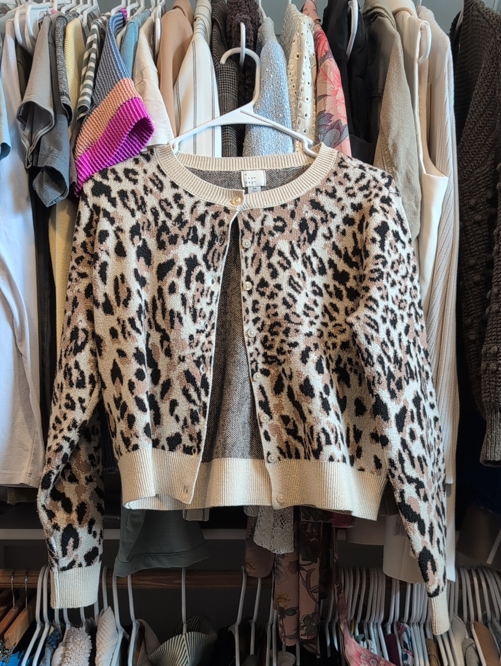 A New Day Leopard Print Crewneck Cardigan Sweater - Cream/Black